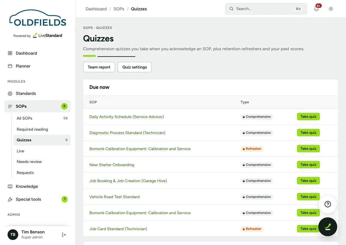 The Oldfields quizzes page: comprehension and refresher quizzes due, and past scores